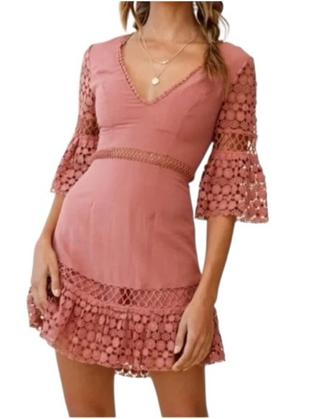 Saints + Secrets Dress Women’s XS Rose Taupe Cutout Crochet‎ V-Neck